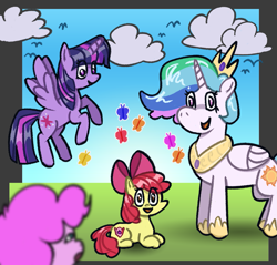 Size: 1601x1531 | Tagged: safe, artist:mannerin, imported from derpibooru, apple bloom, pinkie pie, princess celestia, twilight sparkle, alicorn, bird, butterfly, earth pony, pony, cloud, female, filly, foal, grass, lying down, mare, open mouth, prone, smiling, twilight sparkle (alicorn)