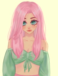 Size: 1000x1300 | Tagged: safe, artist:liahsaflor, imported from derpibooru, fluttershy, human, alternate hairstyle, blushing, clothes, eyeshadow, female, green background, humanized, makeup, pants, shirt, simple background, solo