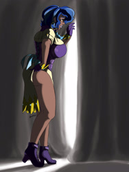 Size: 2536x3375 | Tagged: safe, artist:moronsonofboron, imported from derpibooru, sapphire shores, human, art pack:my little sweetheart, african american, big breasts, blue hair, breasts, busty sapphire shores, clothes, curtains, dark skin, female, high heels, huge breasts, humanized, shoes, solo
