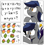 Size: 2594x2664 | Tagged: safe, artist:icey, imported from derpibooru, oc, oc only, oc:echo, bat pony, floppy ears, food, hooves together, mango, math, solo, sweat