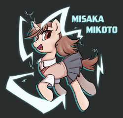 Size: 1695x1629 | Tagged: safe, artist:brella, imported from derpibooru, pony, unicorn, a certain scientific railgun, clothes, dark gray background, electricity, female, filly, foal, horn, misaka mikoto, open mouth, ponified, school uniform, simple background, skirt, smiling, solo, teenager, text