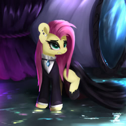 Size: 1920x1920 | Tagged: safe, artist:darksly, imported from derpibooru, fluttershy, pegasus, pony, clothes, dress, ear piercing, earring, female, fluttergoth, gritted teeth, hoof shoes, jewelry, mare, piercing, redraw, shirt, solo, teeth