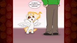 Size: 1898x1080 | Tagged: safe, artist:doublewbrothers, imported from derpibooru, daybreaker, alicorn, human, pony, series:little breaky, animated, bipedal, chase, dialogue, duo, female, filly, filly daybreaker, foal, male, speech bubble, webm