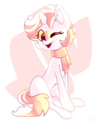 Size: 677x849 | Tagged: safe, artist:kingdom, imported from derpibooru, oc, oc only, pony, unicorn, clothes, horn, one eye closed, open mouth, open smile, pink mane, scarf, smiling, solo, unicorn oc, white coat, wink