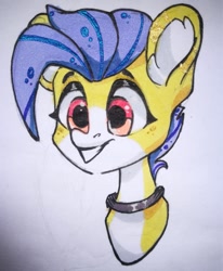 Size: 891x1080 | Tagged: safe, artist:kingdom, imported from derpibooru, pony, blue mane, bust, choker, grin, orange eyes, smiling, solo, traditional art, white coat, yellow coat
