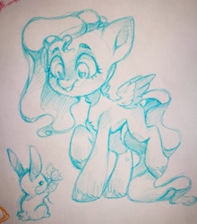 Size: 950x1080 | Tagged: safe, artist:kingdom, imported from derpibooru, angel bunny, fluttershy, pegasus, pony, rabbit, animal, duo, female, flower, mare, pencil drawing, photo, sketch, smiling, traditional art