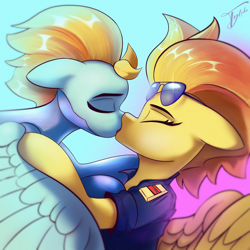 Size: 2400x2400 | Tagged: safe, artist:tyleks, imported from derpibooru, lightning dust, spitfire, pegasus, pony, clothes, cute, drink, duo, female, kissing, lesbian, mare, signature, simple background, solo, uniform, wonderbolts uniform