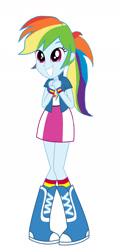 Size: 1024x2107 | Tagged: safe, artist:mlpfan1993, imported from derpibooru, rainbow dash, human, equestria girls, alternate hairstyle, boots, clothes, cute, dashabetes, female, grin, ponytail, rainbow socks, shoes, skirt, smiling, socks, solo, solo female, striped socks