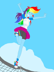 Size: 1024x1366 | Tagged: safe, artist:mlpfan1993, imported from derpibooru, rainbow dash, human, equestria girls, blue sky, clothes, cute, dashabetes, eyes closed, female, grin, march radness, net, shoes, skirt, smiling, sneakers, solo, solo female