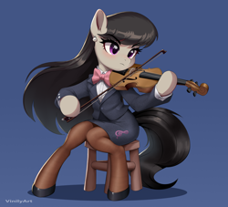Size: 2032x1842 | Tagged: safe, artist:vinilyart, imported from derpibooru, octavia melody, earth pony, semi-anthro, bow (instrument), bowtie, clothes, ear piercing, earring, eyebrows, eyebrows visible through hair, female, jewelry, mare, musical instrument, piercing, sitting, skirt, socks, solo, stockings, stool, suit, thigh highs, violin