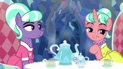 Size: 1280x720 | Tagged: safe, edit, edited screencap, imported from derpibooru, screencap, stepford ponies, pony, unicorn, what lies beneath, clothes, cup, dress, duo, female, horn, jewelry, mare, necklace, nightmare cave, pearl necklace, smiling, table, tea party, teapot