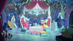 Size: 1280x720 | Tagged: safe, edit, edited screencap, imported from derpibooru, screencap, stepford ponies, earth pony, pony, unicorn, what lies beneath, candle, chair, clothes, cup, dress, duo, female, horn, jewelry, looking at each other, looking at someone, mare, necklace, pearl necklace, smiling, smiling at each other, table, tea party, teacup, teapot