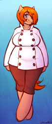Size: 1020x2399 | Tagged: safe, artist:sheela, imported from twibooru, oc, oc only, oc:butternut, anthro, earth pony, unguligrade anthro, big breasts, breasts, chef outfit, clothes, eyebrows visible through hair, female, freckles, gradient background, huge breasts, image, impossibly large breasts, looking at you, needs more jpeg, rule 63, smiling, solo