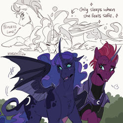 Size: 2048x2048 | Tagged: safe, artist:musenilla, imported from derpibooru, princess luna, tempest shadow, alicorn, pony, armor, artificial horn, cutie mark, female, lesbian, lineart, peytral, shipping, tempestluna, text