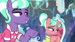 Size: 1280x720 | Tagged: safe, edit, edited screencap, imported from derpibooru, screencap, stepford ponies, earth pony, pony, unicorn, what lies beneath, chair, clothes, cup, dress, duo, female, grin, horn, jewelry, lidded eyes, mare, necklace, pearl necklace, smiling, table, tea party, teacup, teapot