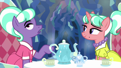Size: 1280x720 | Tagged: safe, edit, edited screencap, imported from derpibooru, screencap, stepford ponies, earth pony, pony, unicorn, chair, clothes, cup, dress, fancy dress, female, horn, jewelry, mare, necklace, pearl necklace, raised hoof, sitting, smiling, table, tea party, teacup, teapot