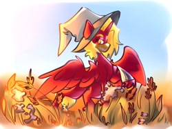 Size: 1053x789 | Tagged: safe, artist:kingdom, imported from derpibooru, oc, oc only, alicorn, pony, alicorn oc, grass, horn, red coat, sky, solo, wings