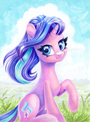 Size: 888x1200 | Tagged: safe, artist:maytee, imported from derpibooru, starlight glimmer, pony, unicorn, grass, horn, raised hoof, sitting, sky, solo, traditional art, windswept mane