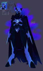 Size: 1254x2048 | Tagged: safe, artist:xbeih, imported from derpibooru, nightmare moon, alicorn, anthro, unguligrade anthro, armor, cape, clothes, ethereal mane, horn, simple background, solo