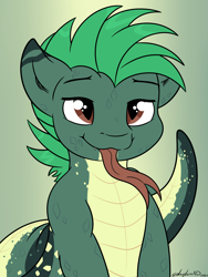 Size: 3000x4000 | Tagged: safe, artist:whyvernad, imported from derpibooru, oc, oc only, oc:dalar, lamia, original species, gradient background, green hair, male, solo, tongue out