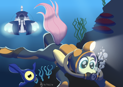 Size: 1600x1132 | Tagged: safe, artist:darkdabula, imported from derpibooru, fluttershy, fish, pegasus, pony, bubble, coral, crepuscular rays, crossover, dive mask, diving, diving suit, female, flippers (gear), flowing mane, flowing tail, folded wings, goggles, green eyes, mare, ocean, scuba gear, seaweed, signature, solo, submarine, subnautica, sunlight, swimming, tail, underwater, water, wetsuit, wings