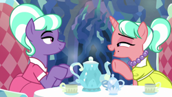 Size: 1280x720 | Tagged: safe, edit, edited screencap, imported from derpibooru, screencap, stepford ponies, earth pony, pony, unicorn, what lies beneath, chair, clothes, cup, dress, fancy dress, female, horn, jewelry, lidded eyes, looking at each other, looking at someone, mare, necklace, open mouth, open smile, pearl necklace, sitting, smiling, smiling at each other, table, tea party, teacup, teapot