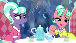 Size: 1280x720 | Tagged: safe, edit, edited screencap, imported from derpibooru, screencap, stepford ponies, pony, what lies beneath, chair, clothes, cup, dress, duo, female, jewelry, lidded eyes, mare, necklace, open mouth, open smile, pearl necklace, sitting, smiling, table, tea party, teacup, teapot