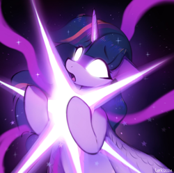 Size: 1906x1899 | Tagged: safe, artist:lerkfruitbat, imported from derpibooru, twilight sparkle, alicorn, pony, black background, blank eyes, eyebrows, eyebrows visible through hair, female, glowing, glowing eyes, horn, magic, mare, open mouth, signature, simple background, solo, stars, twilight sparkle (alicorn), wings