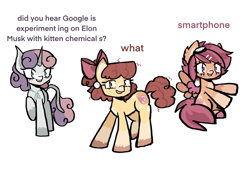Size: 3186x2148 | Tagged: safe, artist:linatron, imported from derpibooru, apple bloom, scootaloo, sweetie belle, earth pony, pegasus, unicorn, alternate color palette, alternate design, alternate hairstyle, cutie mark crusaders, desaturated, dialogue, horn, looking at you, meme, simple background, smiling, smiling at you, talking, text, white background