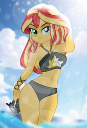Size: 678x1000 | Tagged: safe, artist:emeraldblast63, imported from derpibooru, sunset shimmer, human, equestria girls, bikini, clothes, legs in the water, partially submerged, swimsuit