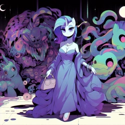 Size: 1024x1024 | Tagged: safe, imported from derpibooru, rarity, anthro, unicorn, ai content, ai generated, body horror, breasts, cleavage, clothes, creature, creepy, dark room, dead eyes, dress, eldritch abomination, eldritch horror, evening gown, female, high heels, horn, jewelry, monster, mysterious, necklace, night, nightmare fuel, ominous, prompter:horselover fat, purse, reasonably sized breasts, shoes, spooky, surreal, tiled floor, walking, weird
