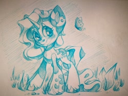 Size: 1080x810 | Tagged: safe, artist:kingdom, imported from derpibooru, butterfly, pony, unicorn, horn, smiling, traditional art