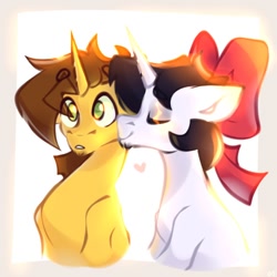 Size: 808x808 | Tagged: safe, artist:kingdom, imported from derpibooru, oc, oc only, pony, unicorn, duo, eyes closed, horn, kissing