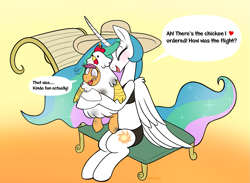 Size: 1303x956 | Tagged: safe, artist:therainbowtroll, imported from derpibooru, princess celestia, scootaloo, alicorn, pegasus, pony, animal costume, beach chair, blushing, chair, chicken suit, clothes, costume, cute, cutealoo, cutelestia, derp, dialogue, everything went better than expected, fire, gradient background, hat, heart, hug, implied trollestia, meme, scootachicken, scootalove, speech bubble, sun, swimsuit, swirly eyes, tanning, to the sun, trollestia