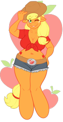 Size: 1300x2500 | Tagged: safe, artist:sheela, imported from twibooru, applejack, anthro, unguligrade anthro, applebucking thighs, belly button, big breasts, breasts, busty applejack, cleavage, female, hat, image, impossibly wide hips, one eye closed, png, simple background, solo, transparent background, wide hips, wink