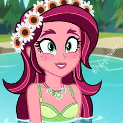 Size: 1649x1649 | Tagged: safe, imported from derpibooru, gloriosa daisy, equestria girls, ai content, ai generated, clothes, forest, jewelry, lake, my little pony equestria girls: legend of everfree, nature, necklace, photoshop, prompter:angeldusk17, swimsuit, tree, water