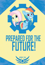 Size: 2157x3105 | Tagged: safe, artist:prixy05, imported from derpibooru, fluttershy, rainbow dash, pegasus, pony, duo, fallout, female, g5, logo, mare, poster, propaganda, simple background, text, yellow background
