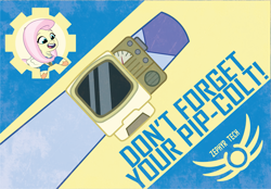 Size: 3109x2161 | Tagged: safe, artist:prixy05, imported from derpibooru, fluttershy, pegasus, pony, fallout, female, g5, hooves, logo, mare, pip-colt, poster, propaganda, simple background, text, yellow background