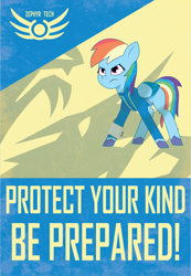 Size: 2157x3124 | Tagged: safe, artist:prixy05, imported from derpibooru, rainbow dash, pegasus, pony, fallout, female, g5, logo, mare, poster, propaganda, shadow, simple background, text, yellow background