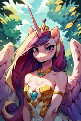 Size: 896x1344 | Tagged: safe, imported from derpibooru, princess cadance, alicorn, anthro, ai content, ai generated, bare shoulders, breasts, bust, busty princess cadance, cleavage, clothes, dress, female, jewelry, looking at you, mare, necklace, prompter:saberclaw1x, smiling, smiling at you, solo, tree