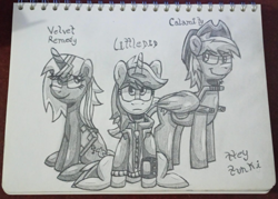 Size: 1507x1080 | Tagged: safe, imported from derpibooru, oc, oc:calamity, oc:littlepip, oc:velvet remedy, pegasus, pony, unicorn, fallout equestria, black and white, grayscale, horn, monochrome, pencil drawing, traditional art
