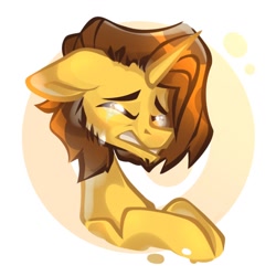 Size: 1078x1080 | Tagged: safe, artist:kingdom, imported from derpibooru, oc, oc only, pony, unicorn, brown mane, bust, crying, horn, male, solo, stallion, unicorn oc, yellow coat
