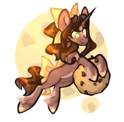 Size: 1096x1080 | Tagged: safe, artist:kingdom, imported from derpibooru, oc, oc only, pony, unicorn, brown coat, brown mane, cookie, food, full body, horn, solo, unicorn oc