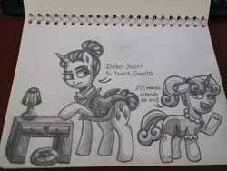 Size: 1600x1204 | Tagged: safe, imported from derpibooru, rarity, sweetie belle, pony, unicorn, alternate hairstyle, alternate timeline, black and white, desk, grayscale, horn, monochrome, night maid rarity, nightmare takeover timeline, pencil drawing, spanish, traditional art
