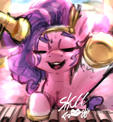 Size: 2007x2160 | Tagged: safe, artist:myskullfroggy, imported from derpibooru, pipp petals, pegasus, pony, crown, eyes closed, g5, jewelry, microphone, musical instrument, piano, pink coat, purple mane, purple tail, raised hoof, regalia, shiny, signature, smiling, tail, white text