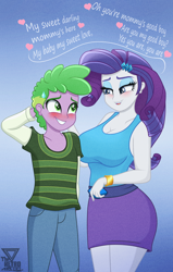 Size: 1900x2990 | Tagged: safe, artist:theretroart88, imported from derpibooru, rarity, spike, human, equestria girls, arm behind head, big breasts, blushing, breasts, cleavage, clothes, denim, dialogue, duo, female, hairpin, heart, human spike, humanized, jeans, legs together, male, pants, purple skirt, shipping, shirt, skirt, sparity, straight, striped shirt, sweat, sweatdrop