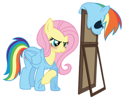 Size: 1200x962 | Tagged: safe, artist:jennieoo, imported from derpibooru, fluttershy, rainbow dash, pegasus, pony, blushing, clothes, confident, costume, mirror, ponysuit, rainbow dash costume, show accurate, smug, vector