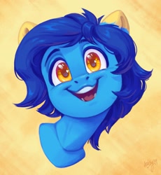 Size: 1989x2160 | Tagged: safe, artist:amishy, imported from derpibooru, oc, oc only, pony, abstract background, bust, head tilt, looking at you, open mouth, open smile, signature, smiling, smiling at you, solo