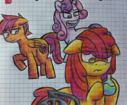 Size: 1285x1062 | Tagged: safe, imported from derpibooru, apple bloom, scootaloo, sweetie belle, earth pony, pegasus, unicorn, fanfic:an apple sleep experiment, fanfic art, horn, older, older apple bloom, older scootaloo, older sweetie belle, pencil drawing, traditional art