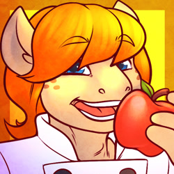 Size: 600x600 | Tagged: safe, artist:sheela, imported from twibooru, oc, oc only, oc:butternut, anthro, earth pony, apple, bust, chef outfit, clothes, eyebrows visible through hair, food, freckles, icon, image, looking at you, male, needs more jpeg, open mouth, solo